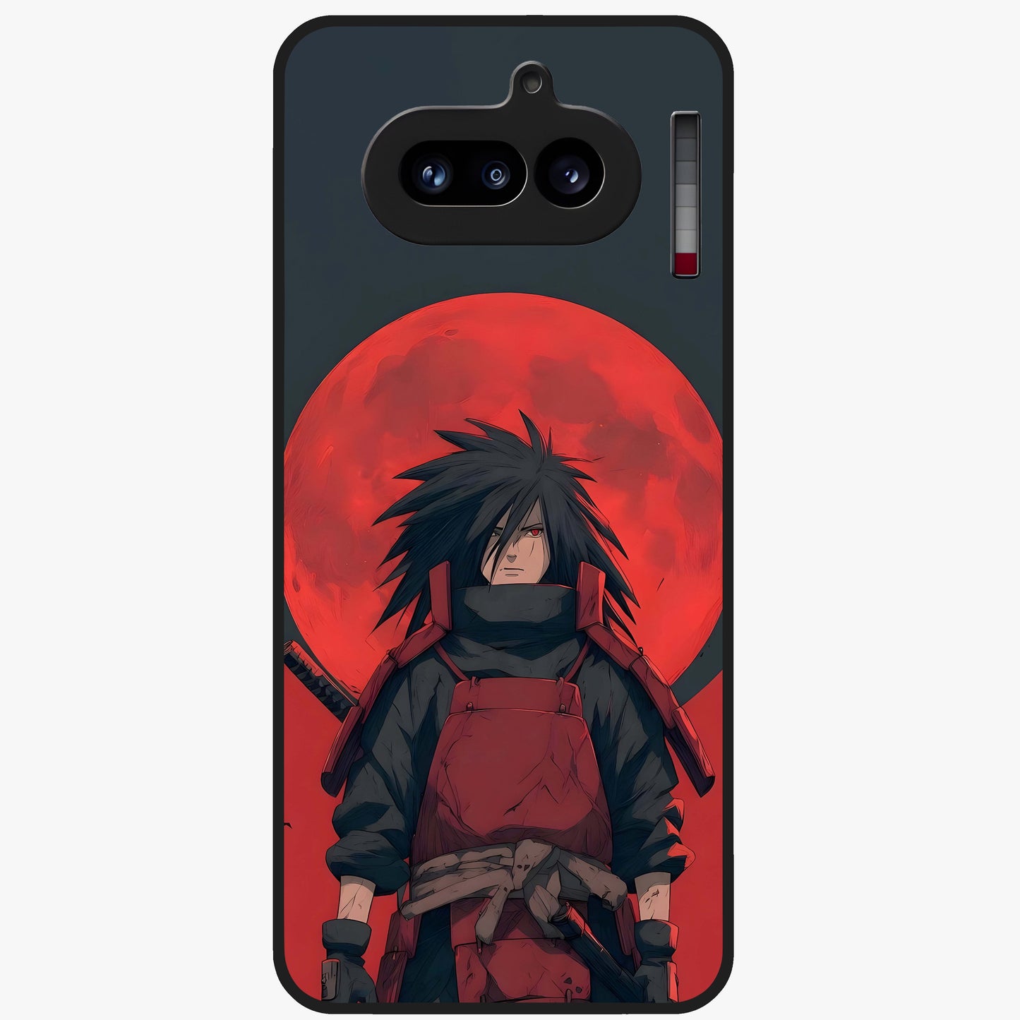 Crimson Moon Warlord Glass Case showing flat back view with mystical moon warrior artwork and glossy glass finish.
