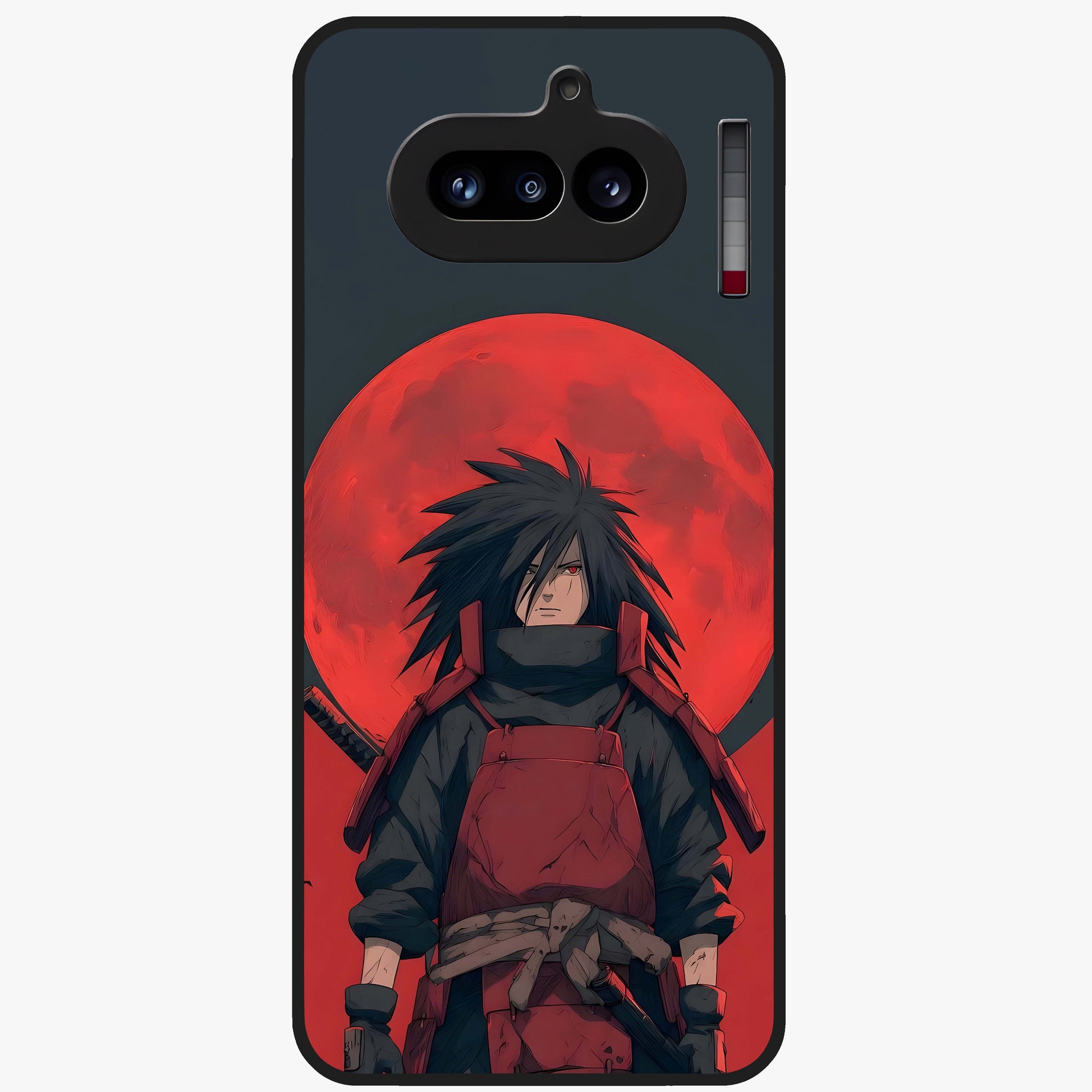 Crimson Moon Warlord Glass Case showing flat back view with mystical moon warrior artwork and glossy glass finish.