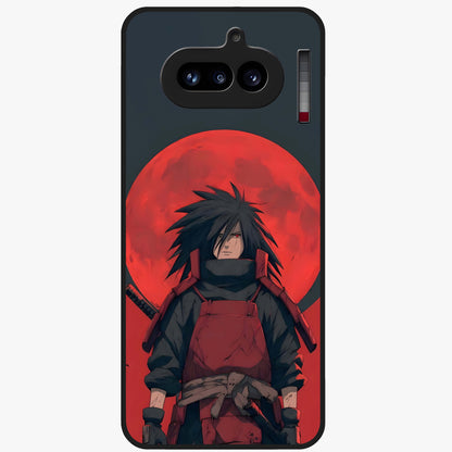 Crimson Moon Warlord Glass Case showing flat back view with mystical moon warrior artwork and glossy glass finish.