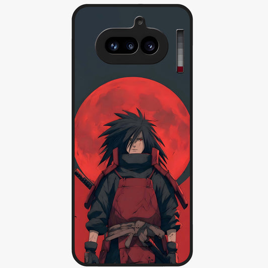 Crimson Moon Warlord Glass Case showing flat back view with mystical moon warrior artwork and glossy glass finish.