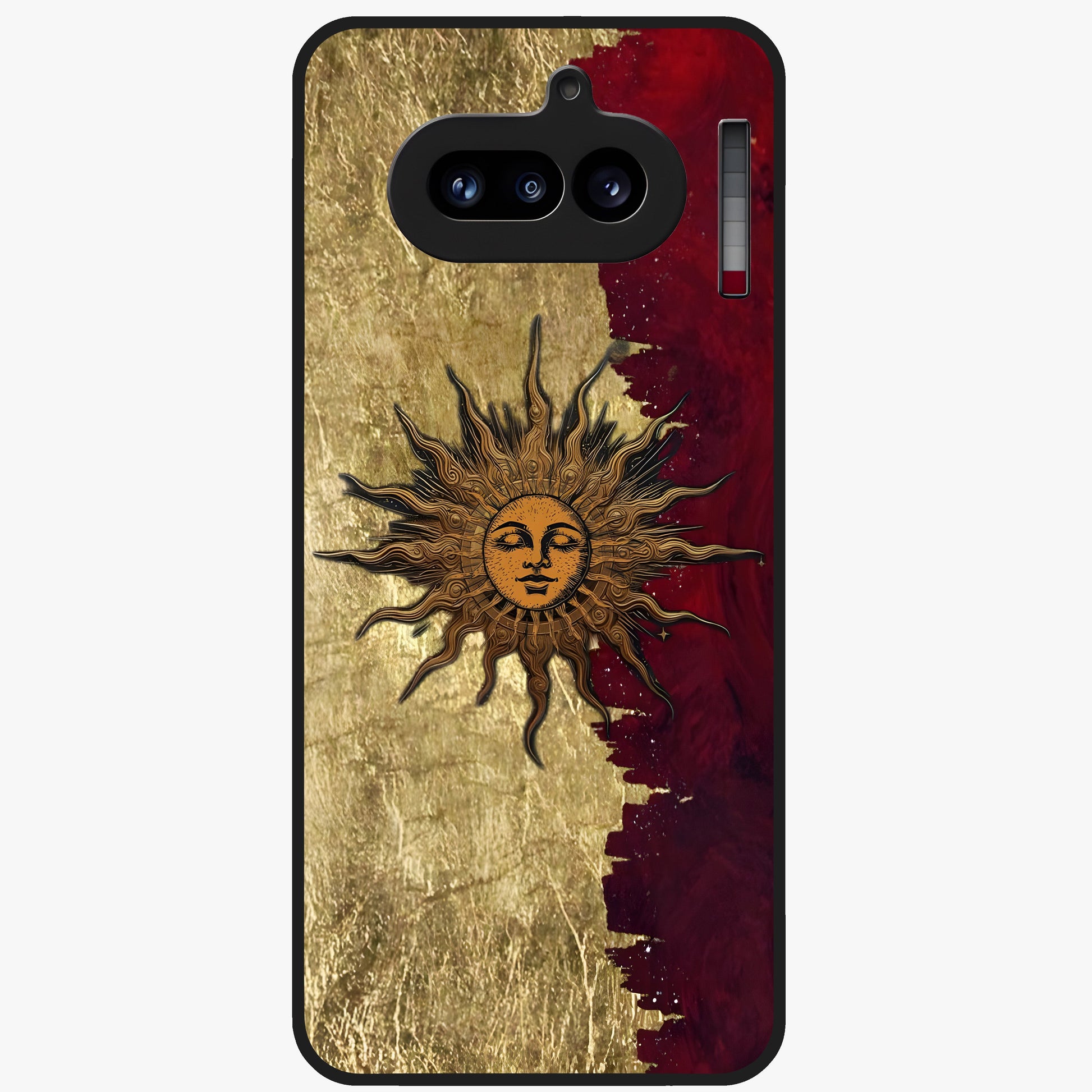 Crimson Sun Majesty Glass Case showing flat back view with radiant sun inspired artwork and glossy glass finish.