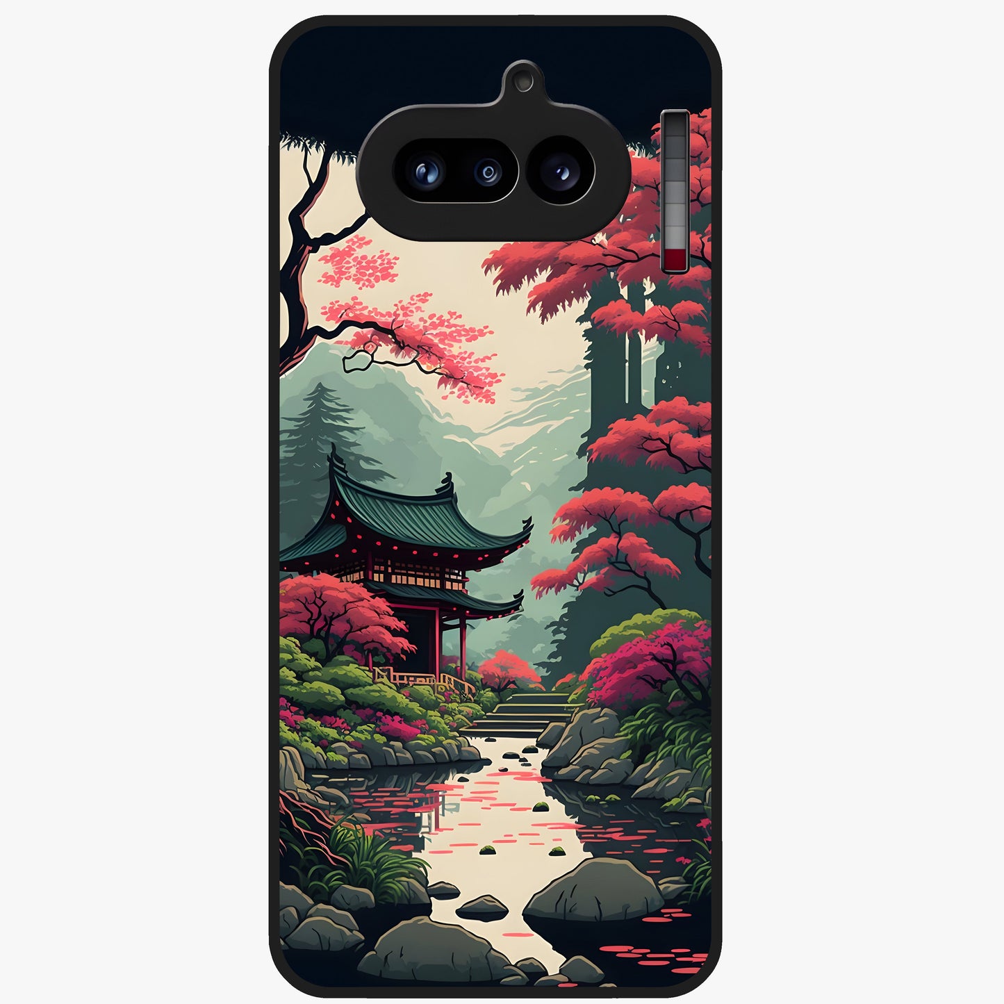 Crimson Temple View Glass Case showing flat back view with temple inspired artwork and glossy glass finish.
