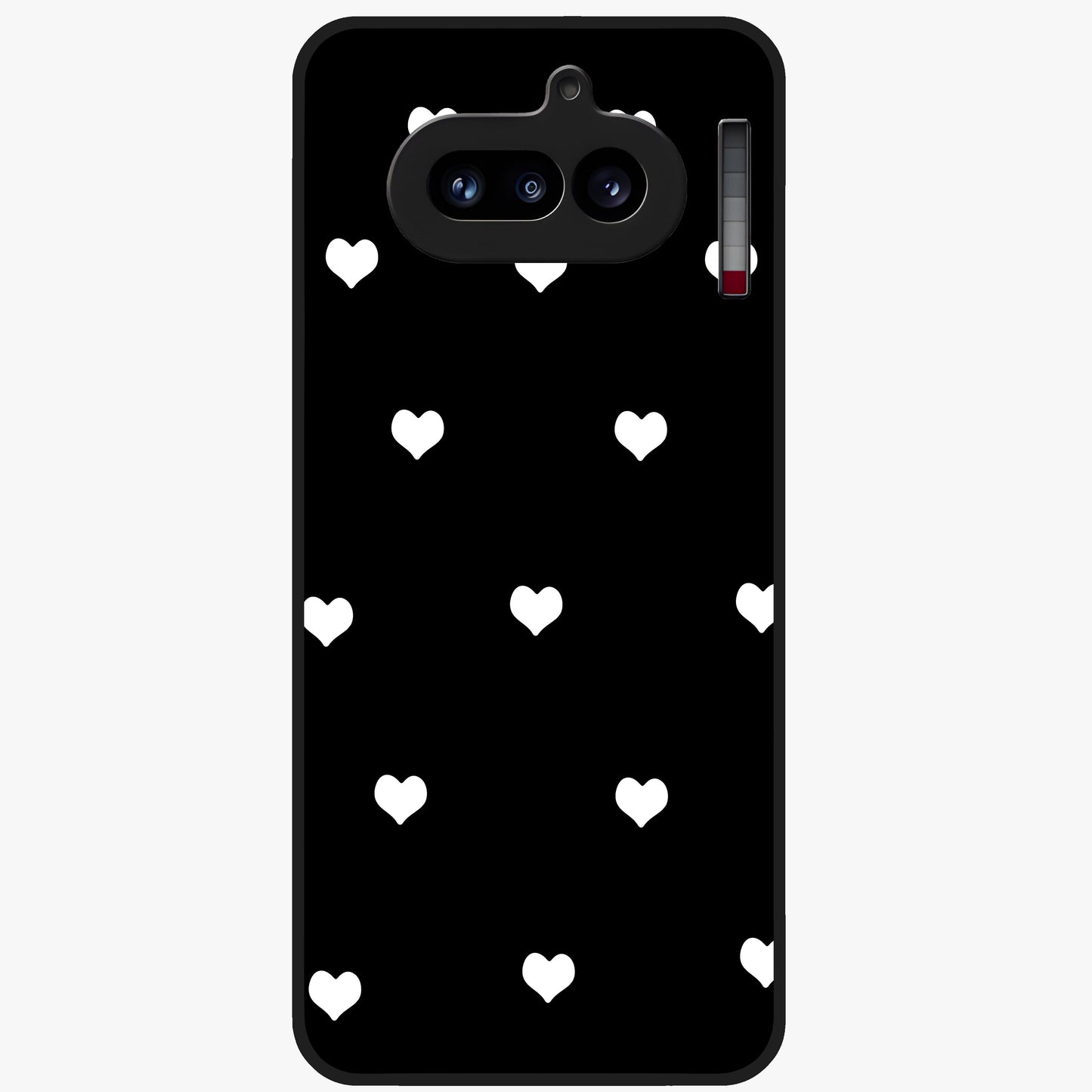 Cute And Simple White Hearts Glass Case showing flat back view with minimal white heart pattern and glossy glass finish.