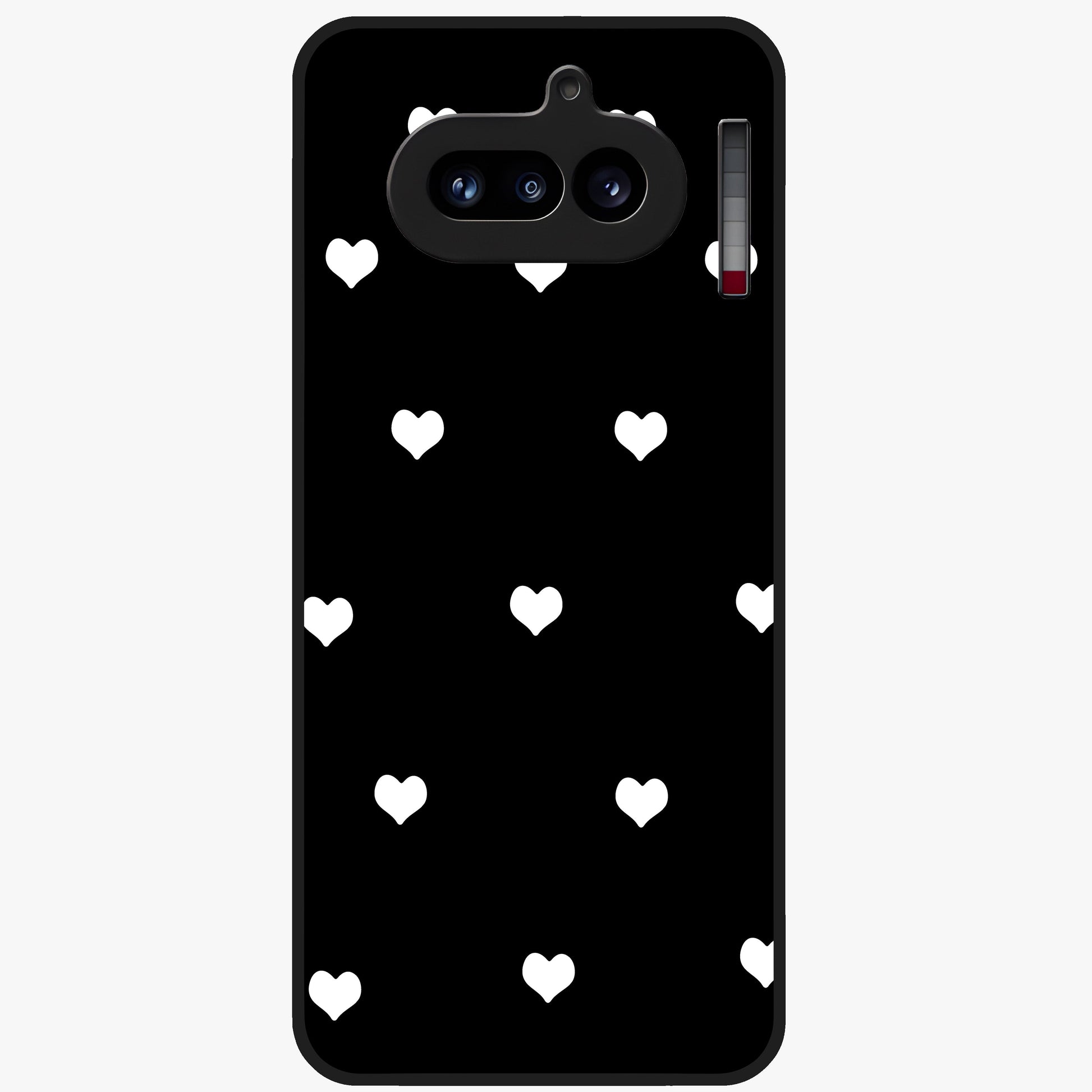 Cute And Simple White Hearts Glass Case showing flat back view with minimal white heart pattern and glossy glass finish.