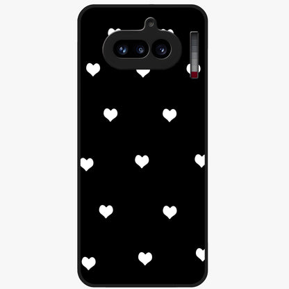 Cute And Simple White Hearts Glass Case showing flat back view with minimal white heart pattern and glossy glass finish.