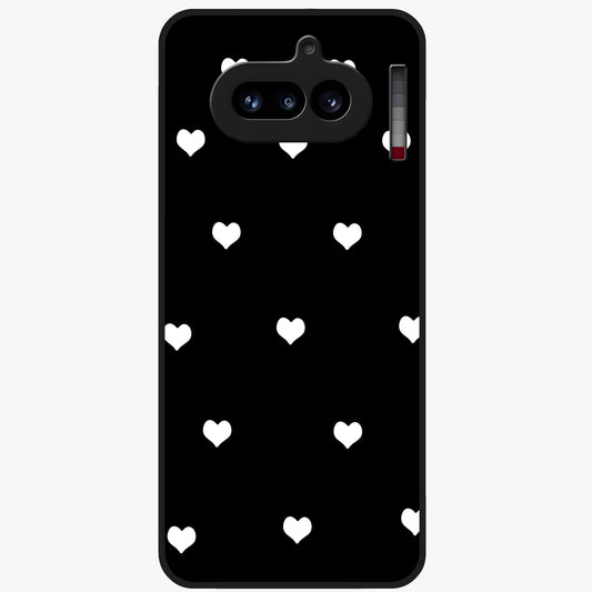 Cute And Simple White Hearts Glass Case showing flat back view with minimal white heart pattern and glossy glass finish.