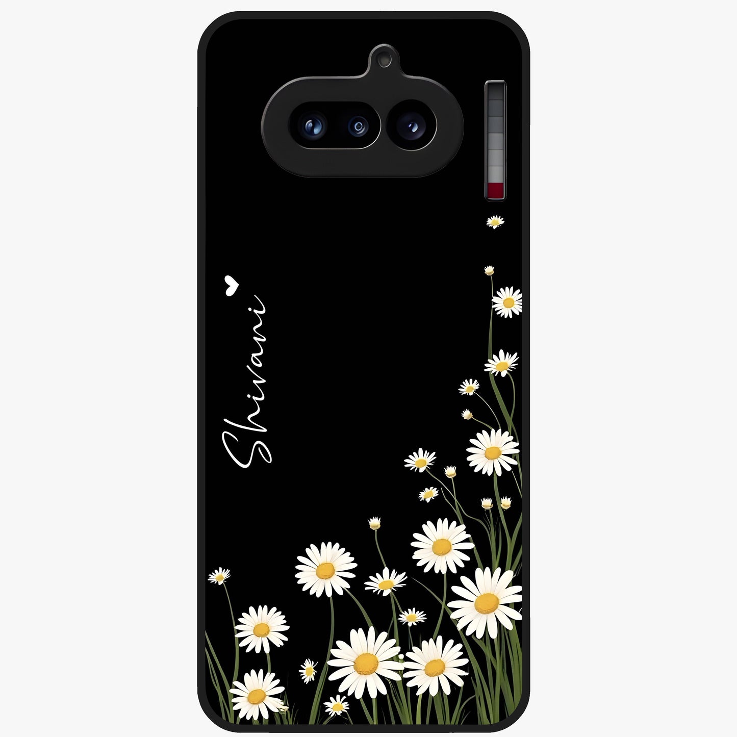Daisy Cascade Custom Name Glass Case showing flat back view with cascading daisy flowers and personalized name design.