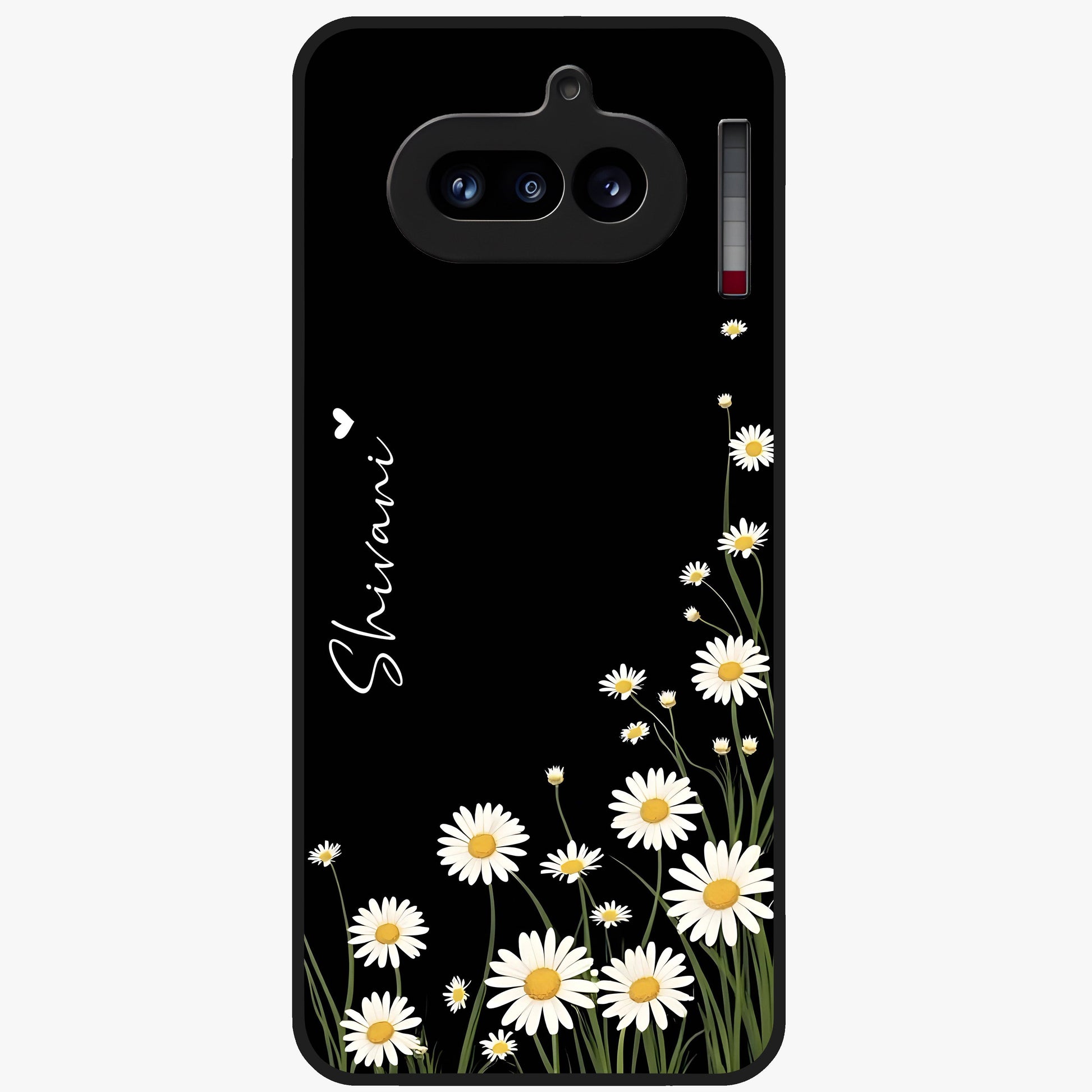 Daisy Cascade Custom Name Glass Case showing flat back view with cascading daisy flowers and personalized name design.