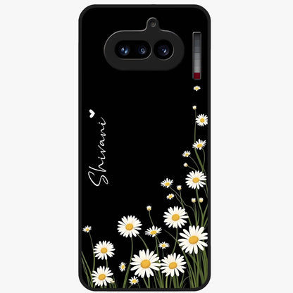 Daisy Cascade Custom Name Glass Case showing flat back view with cascading daisy flowers and personalized name design.