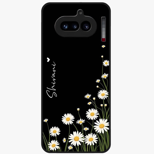 Daisy Cascade Custom Name Glass Case showing flat back view with cascading daisy flowers and personalized name design.