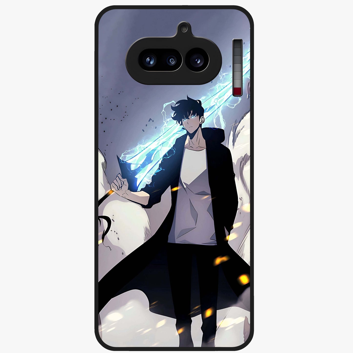 Dark Lightning Anime Warrior Glass Case showing flat back view with intense anime warrior artwork and glossy glass finish.
