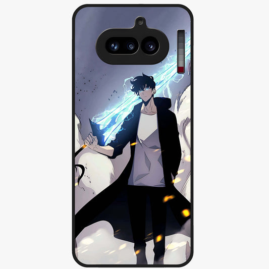 Dark Lightning Anime Warrior Glass Case showing flat back view with intense anime warrior artwork and glossy glass finish.