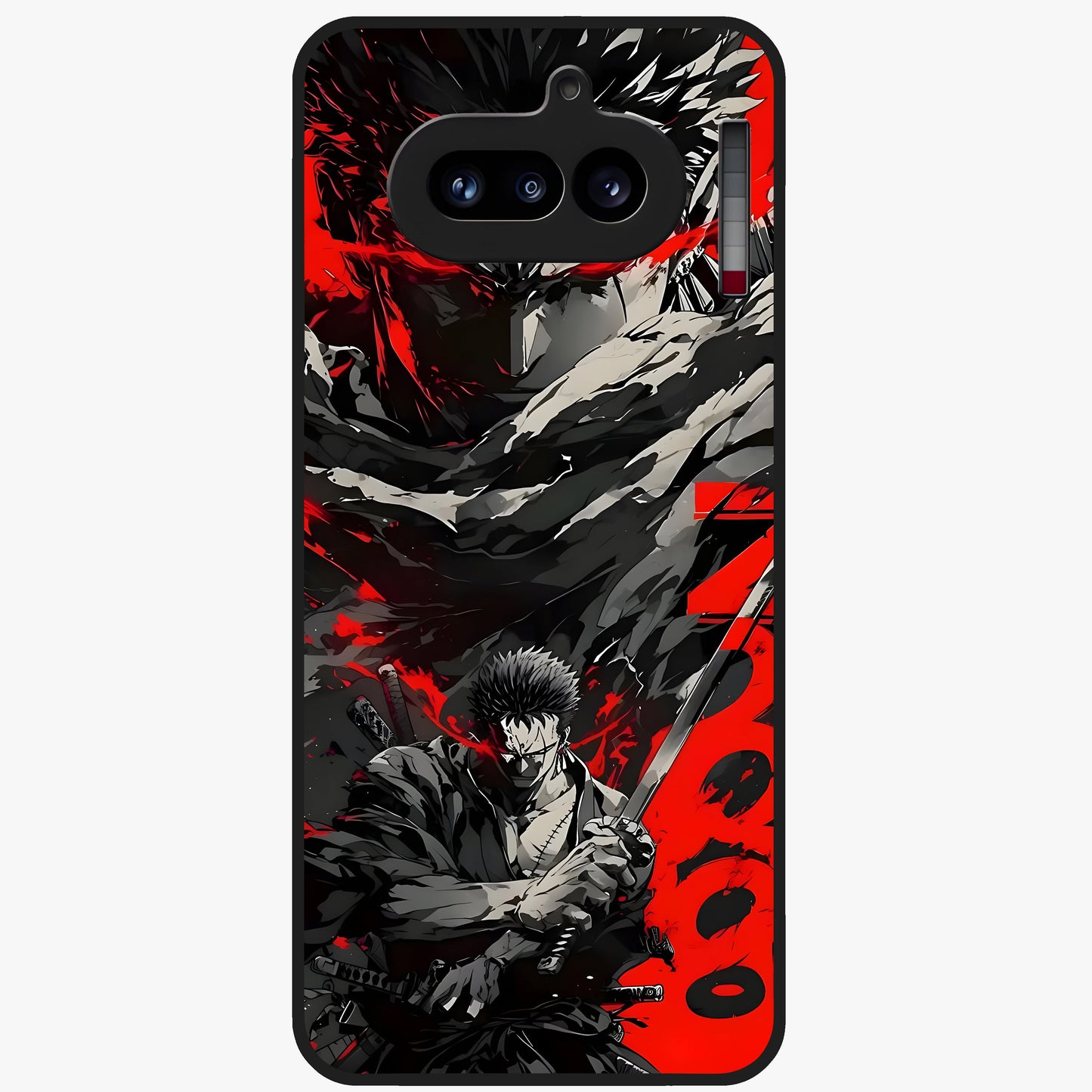 Demon Sword Resolve Glass Case showing flat back view with fierce sword warrior artwork and glossy glass finish.