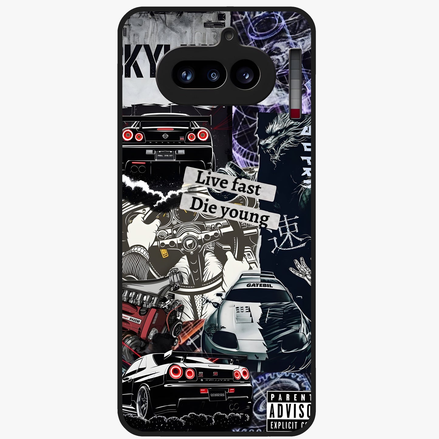 Die Young Glass Case showing flat back view with bold artistic typography design and glossy glass finish.
