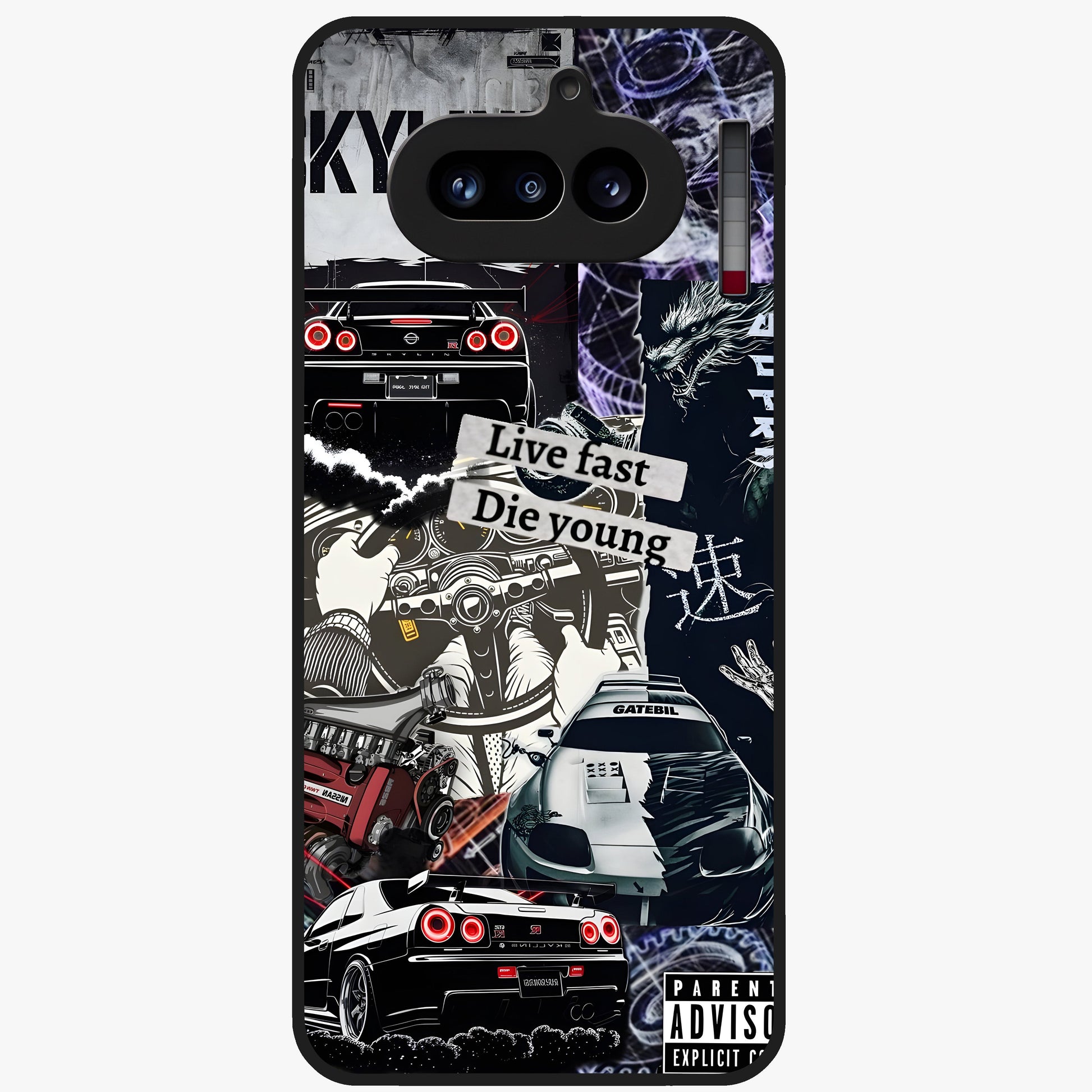 Die Young Glass Case showing flat back view with bold artistic typography design and glossy glass finish.