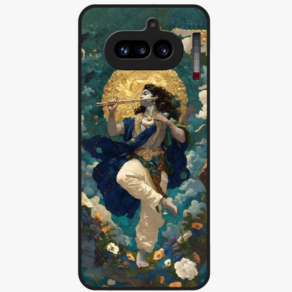 Divine Krishna Art Glass Case showing flat back view with Lord Krishna artwork and glossy glass finish.