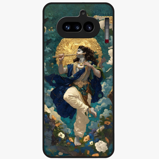 Divine Krishna Art Glass Case showing flat back view with Lord Krishna artwork and glossy glass finish.