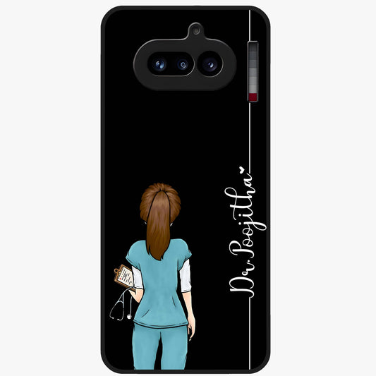 Doctor Pattern Custom Name Glass Case showing flat back view with medical themed pattern and personalized name design.
