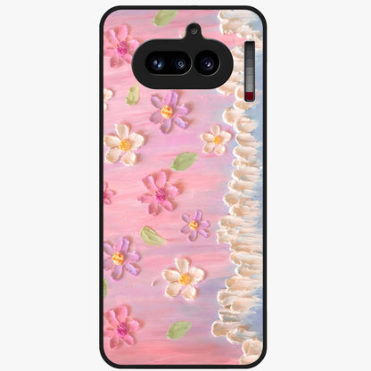 Dreamy Painted Garden Glass Case showing flat back view with artistic painted floral garden artwork and glossy glass finish.