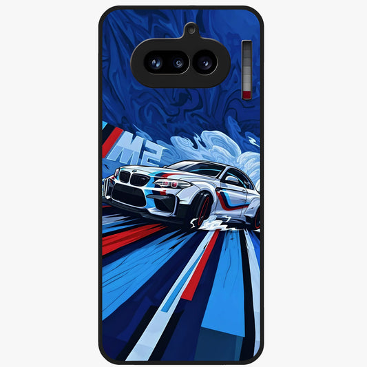 Drift Power Rush Glass Case showing flat back view with dynamic racing inspired artwork and glossy glass finish.