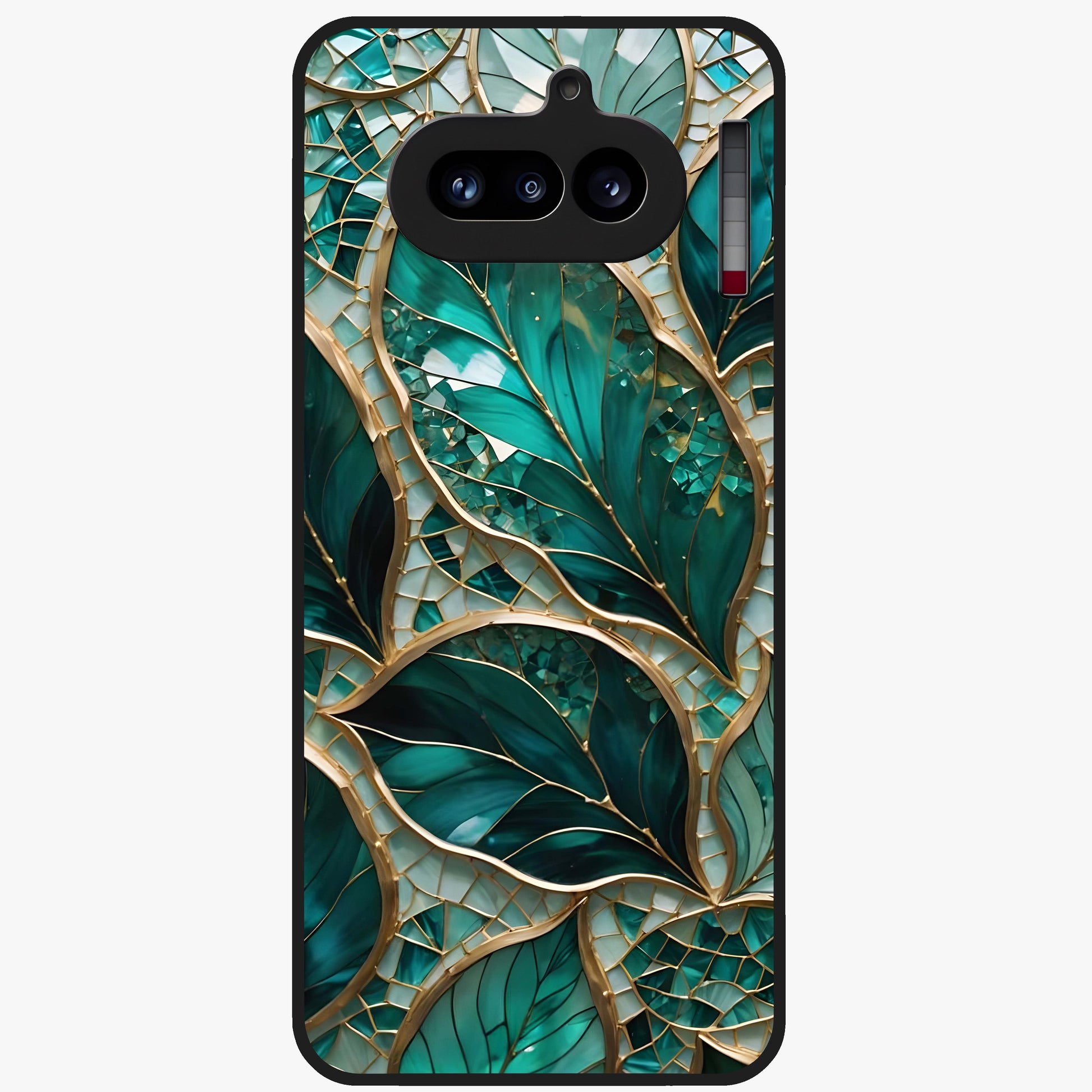 Emerald Leaf Glass Glass Case showing flat back view with emerald green leaf artwork and glossy glass finish.