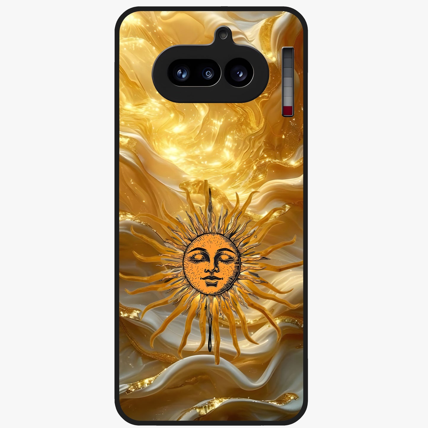 Eternal Golden Glow Glass Case showing flat back view with radiant golden themed artwork and glossy glass finish.