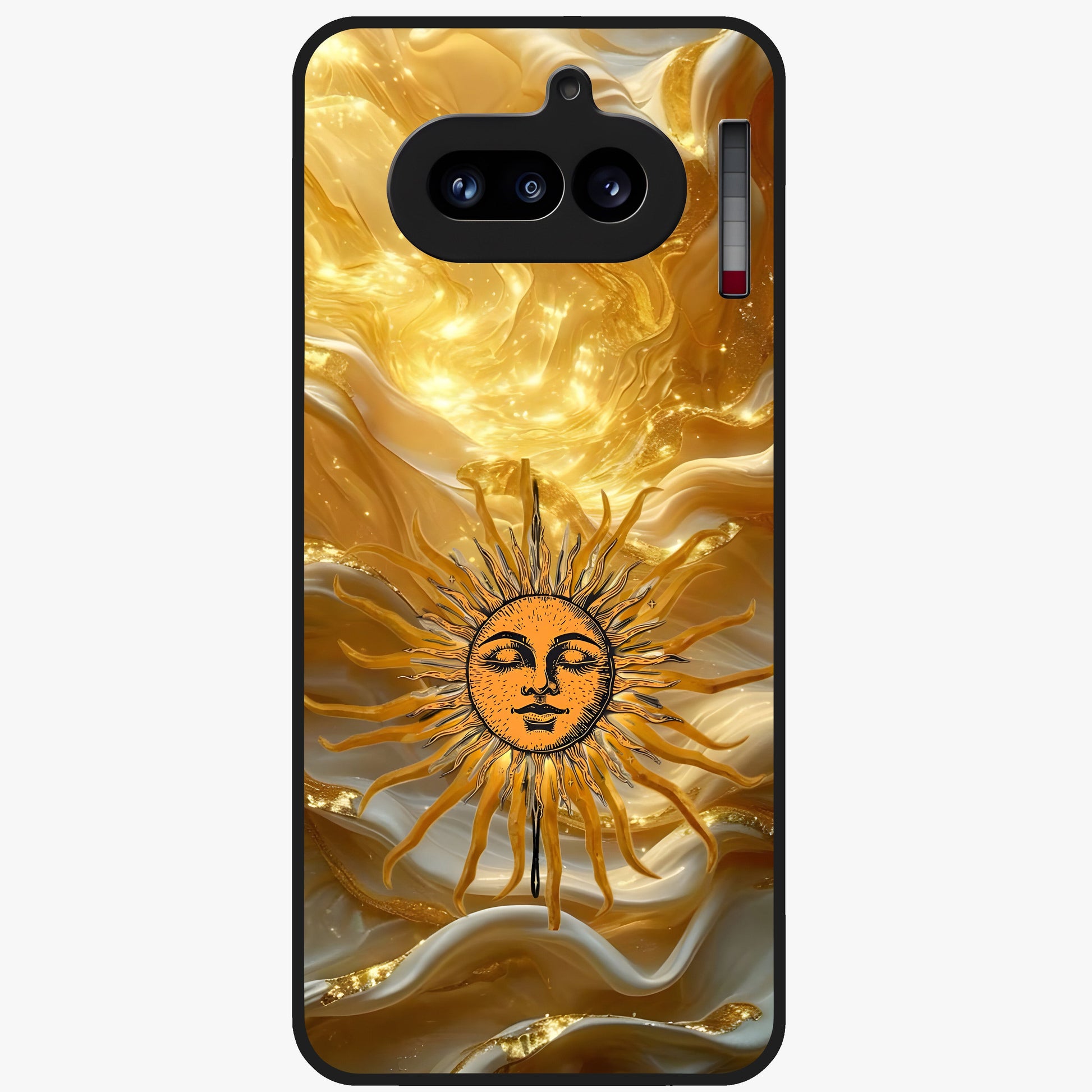 Eternal Golden Glow Glass Case showing flat back view with radiant golden themed artwork and glossy glass finish.