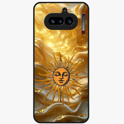 Eternal Golden Glow Glass Case showing flat back view with radiant golden themed artwork and glossy glass finish.