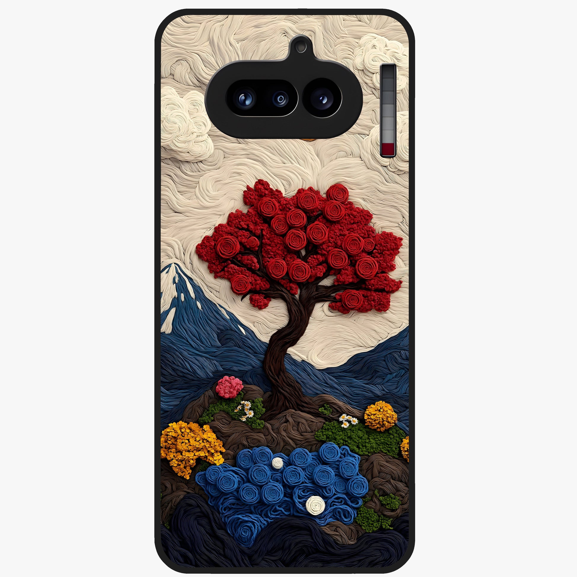 Eternal Nature Tapestry Glass Case showing flat back view with intricate nature tapestry artwork and glossy glass finish.