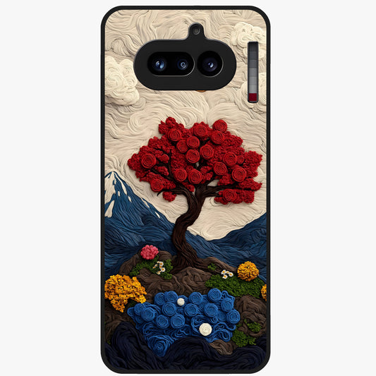 Eternal Nature Tapestry Glass Case showing flat back view with intricate nature tapestry artwork and glossy glass finish.