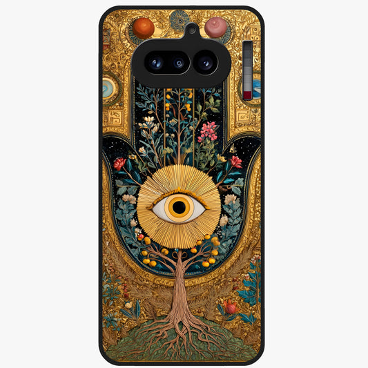 Ethereal Evil Eye Glass Case showing flat back view with mystical evil eye artwork and glossy glass finish.