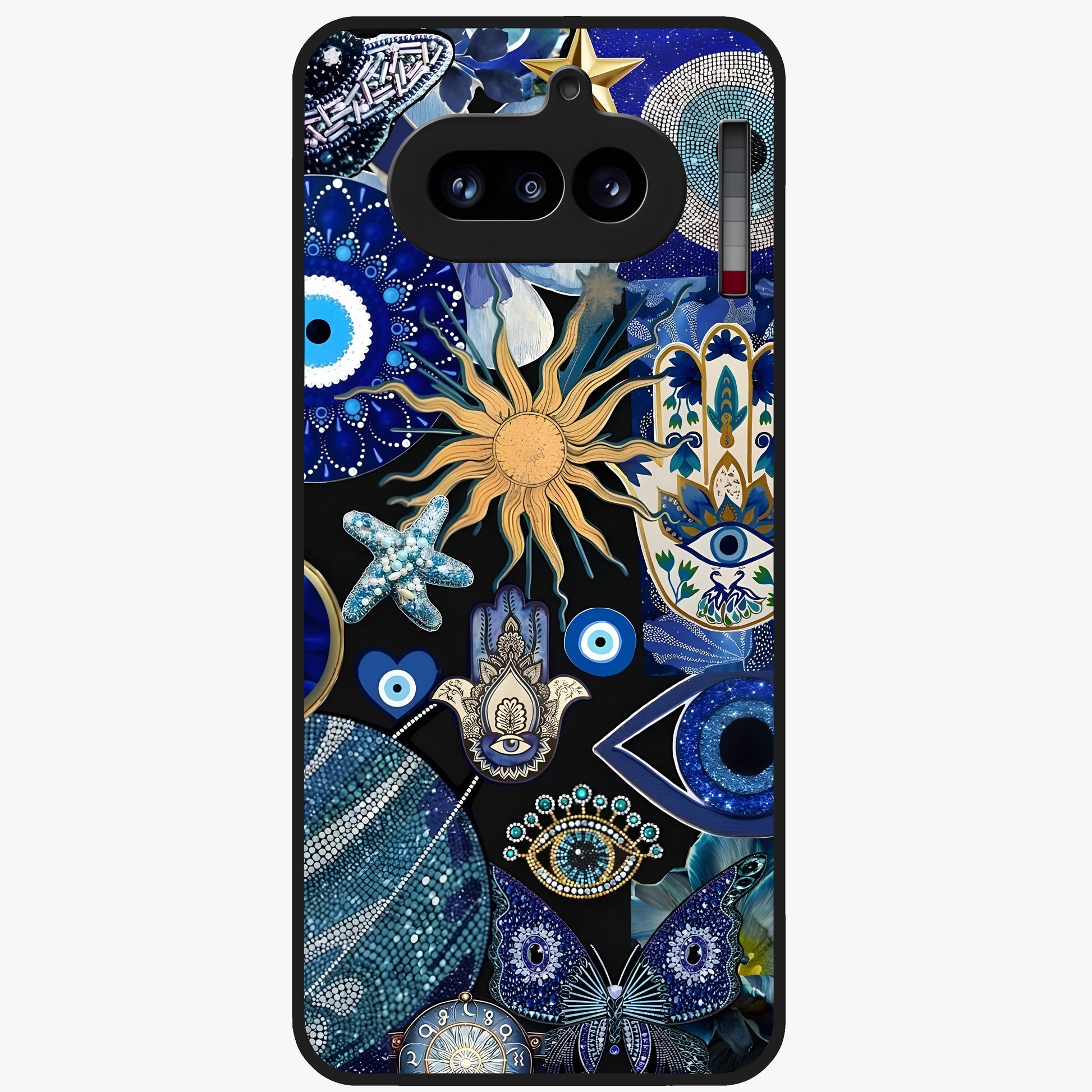 Evil Eye Charm Mix Glass Case showing flat back view with multiple evil eye charms artwork and glossy glass finish.