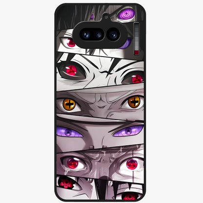 Eyes of Destiny Glass Case showing flat back view with striking eye themed artwork and glossy glass finish.