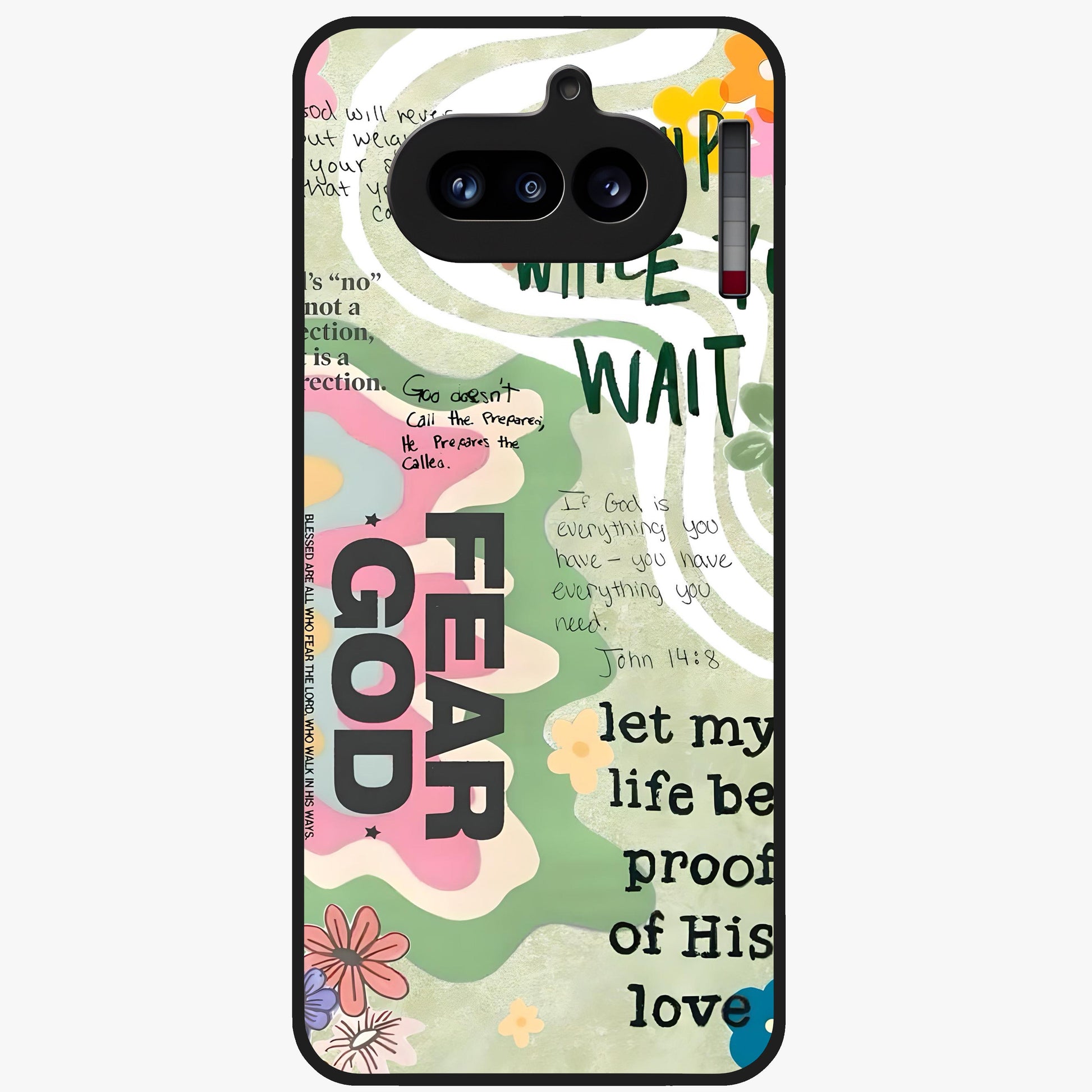 Faith Over Fear Glass Case showing flat back view with motivational typography artwork and glossy glass finish.