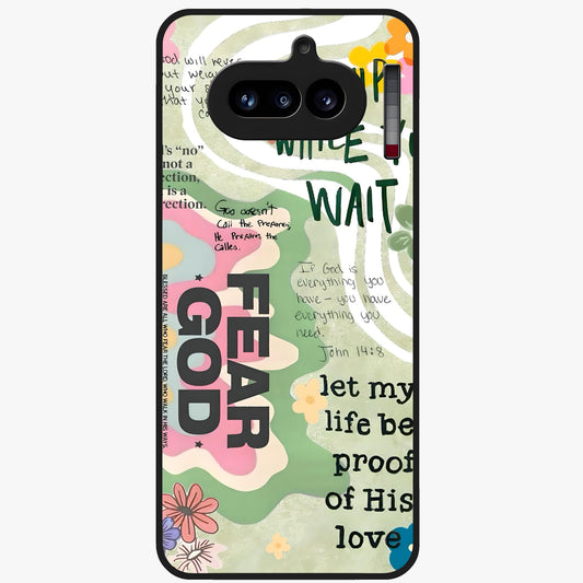 Faith Over Fear Glass Case showing flat back view with motivational typography artwork and glossy glass finish.