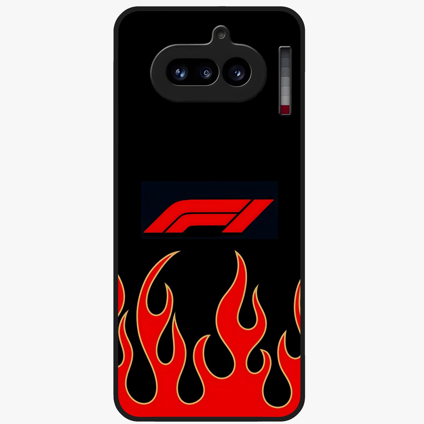 Fire F11 Glass Case showing flat back view with fiery themed artwork and glossy glass finish.