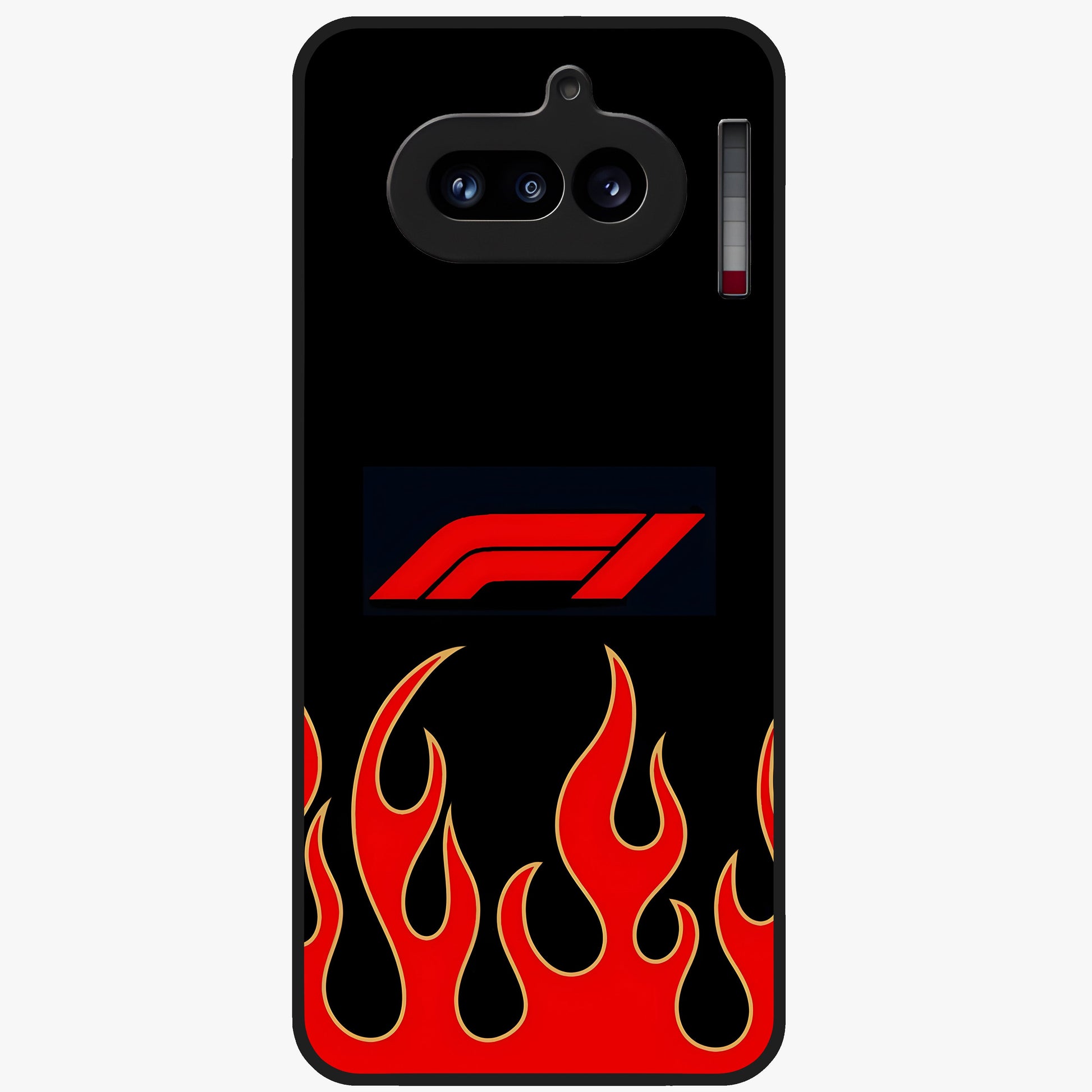 Fire F11 Glass Case showing flat back view with fiery themed artwork and glossy glass finish.