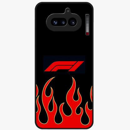 Fire F11 Glass Case showing flat back view with fiery themed artwork and glossy glass finish.