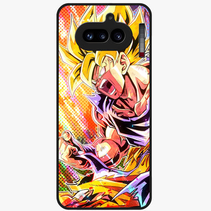Firing Goku Glass Case showing flat back view with powerful anime inspired artwork and glossy glass finish.