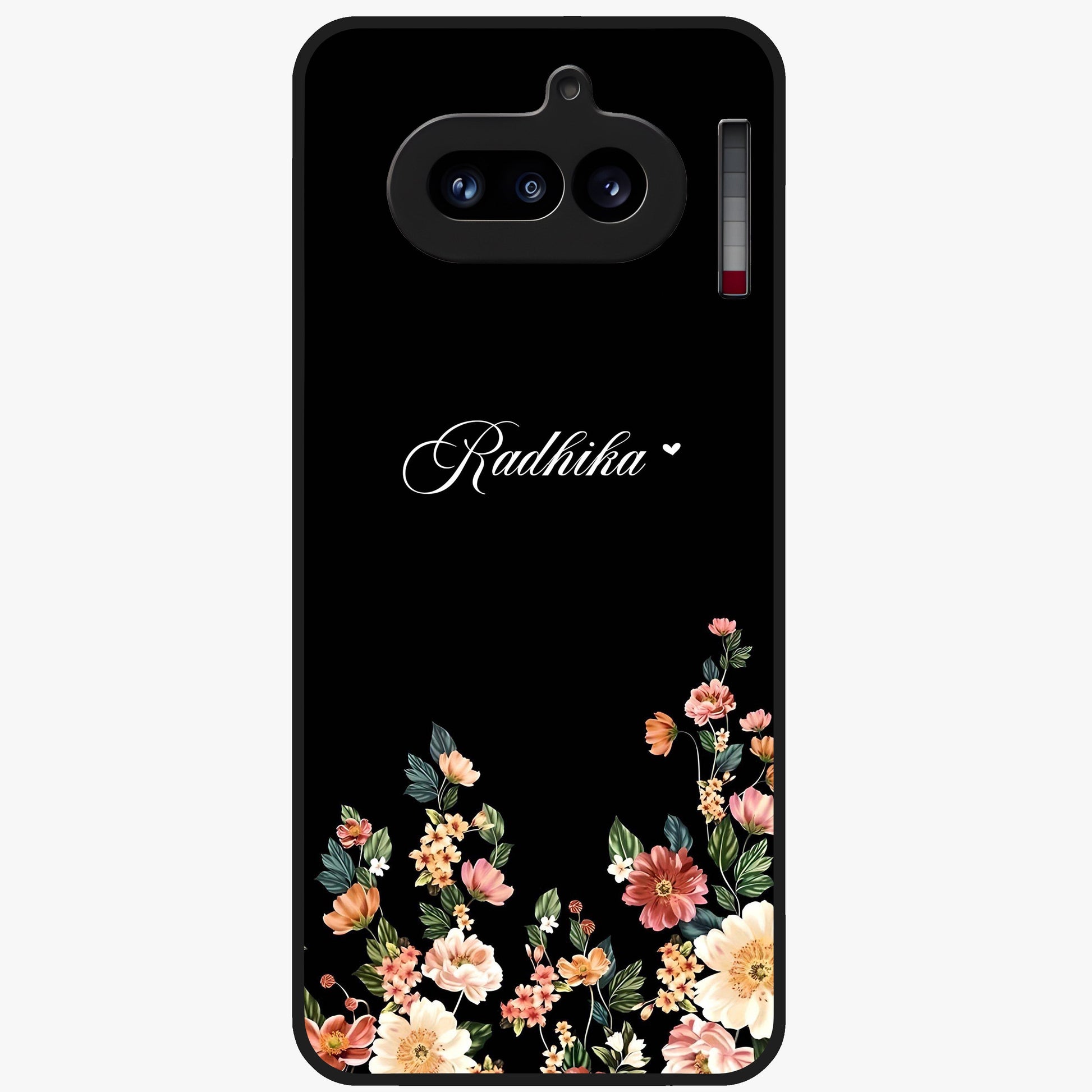 Floral Design With a Custom Personalized Name Glass Case showing flat back view with floral artwork and personalized name design.