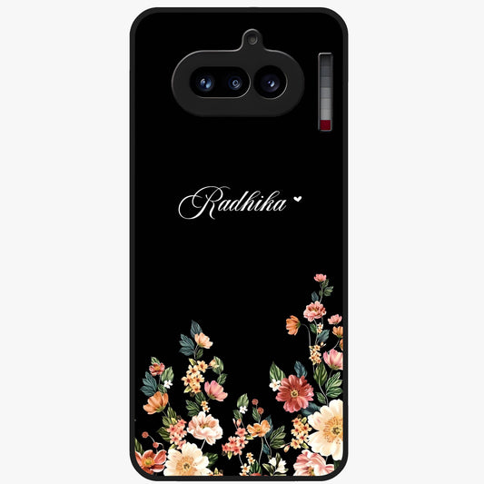 Floral Design With a Custom Personalized Name Glass Case showing flat back view with floral artwork and personalized name design.