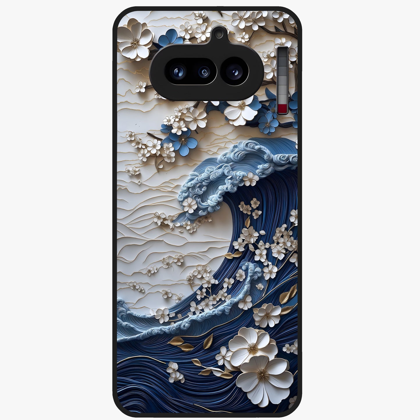 Floral Wave Origami Glass Case showing flat back view with origami inspired floral wave artwork and glossy glass finish.