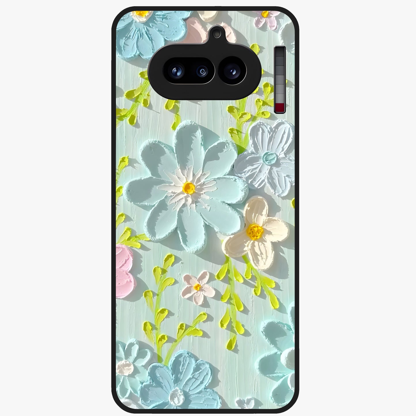 Frosted Petal Garden Glass Case showing flat back view with soft frosted floral artwork and glossy glass finish.