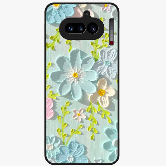 Frosted Petal Garden Glass Case showing flat back view with soft frosted floral artwork and glossy glass finish.