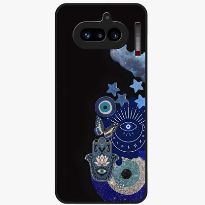 Galactic Charm Cluster Glass Case showing flat back view with glowing celestial charm artwork and glossy glass finish.