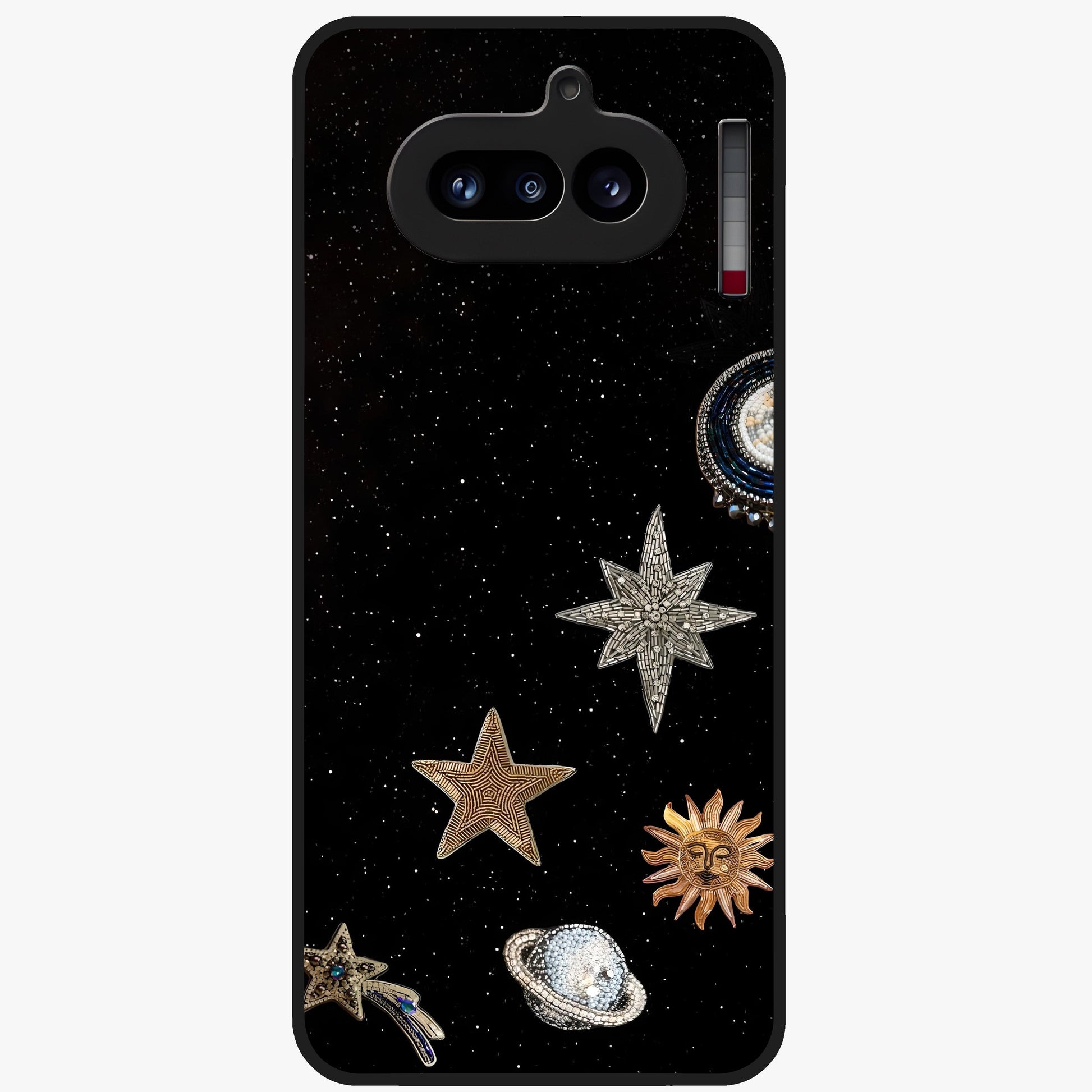 Galactic Charm Glow Glass Case showing flat back view with glowing celestial charm artwork and glossy glass finish.