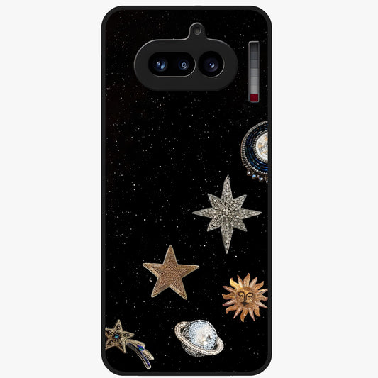 Galactic Charm Glow Glass Case showing flat back view with glowing celestial charm artwork and glossy glass finish.