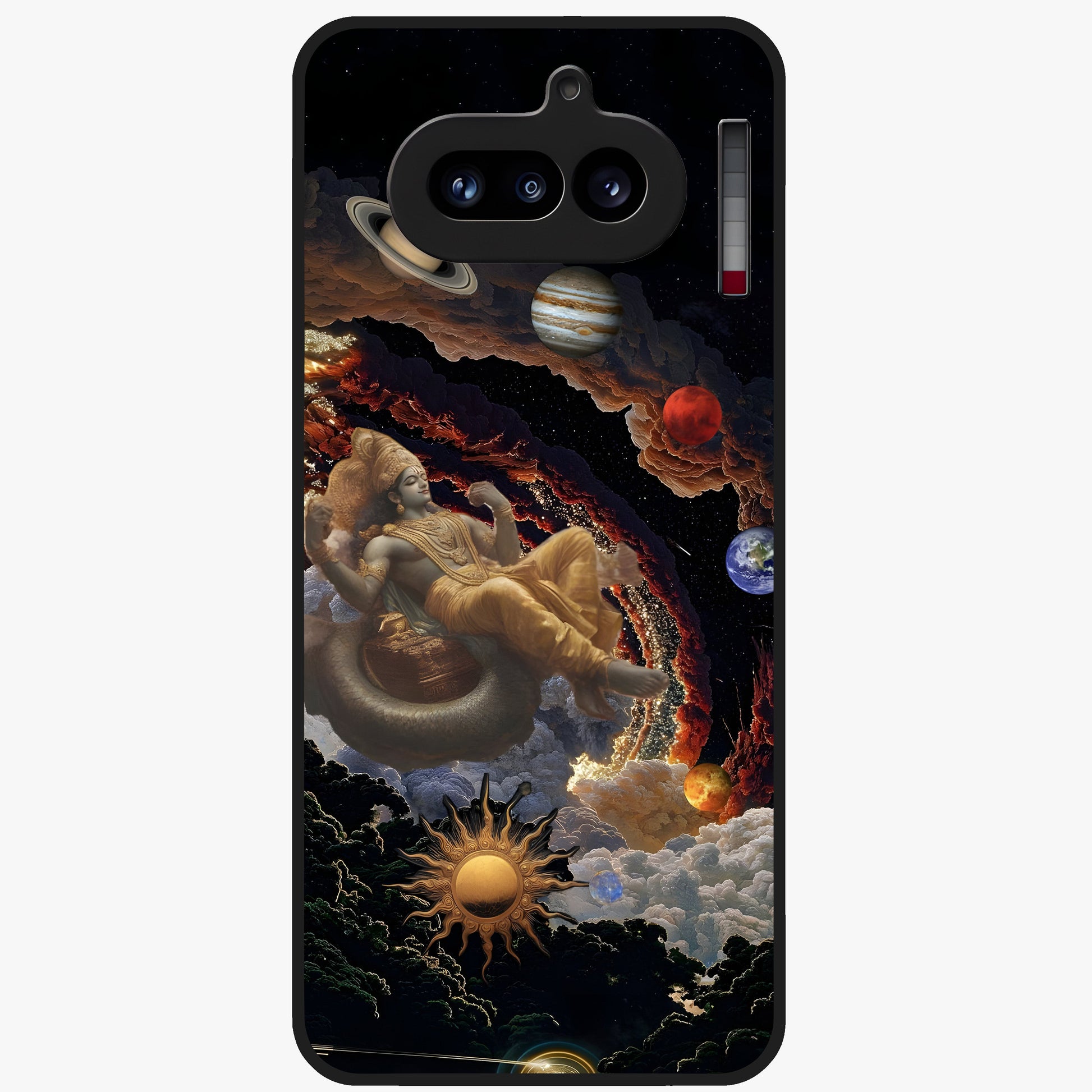 Galactic Divine God Glass Case showing flat back view with divine cosmic themed artwork and glossy glass finish.