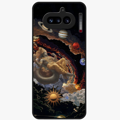 Galactic Divine God Glass Case showing flat back view with divine cosmic themed artwork and glossy glass finish.