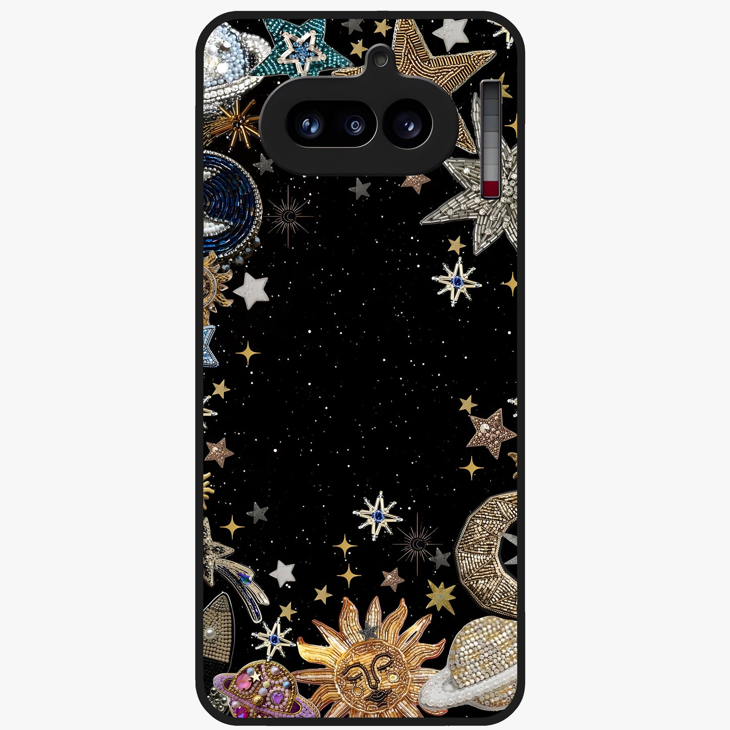 Galactic Jewel Stars Glass Case showing flat back view with sparkling star jewel artwork and glossy glass finish.